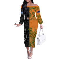 Custom Fiji And Australia Rugby Family Matching Off The Shoulder Long Sleeve Dress and Hawaiian Shirt Fijian Tapa Pattern With Aussie Aboriginal Art LT14 Mom's Dress Black - Polynesian Pride