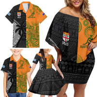 Custom Fiji And Australia Rugby Family Matching Off Shoulder Short Dress and Hawaiian Shirt Fijian Tapa Pattern With Aussie Aboriginal Art LT14 - Polynesian Pride
