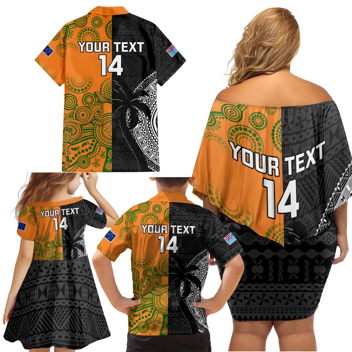 Custom Fiji And Australia Rugby Family Matching Off Shoulder Short Dress and Hawaiian Shirt Fijian Tapa Pattern With Aussie Aboriginal Art LT14 - Polynesian Pride