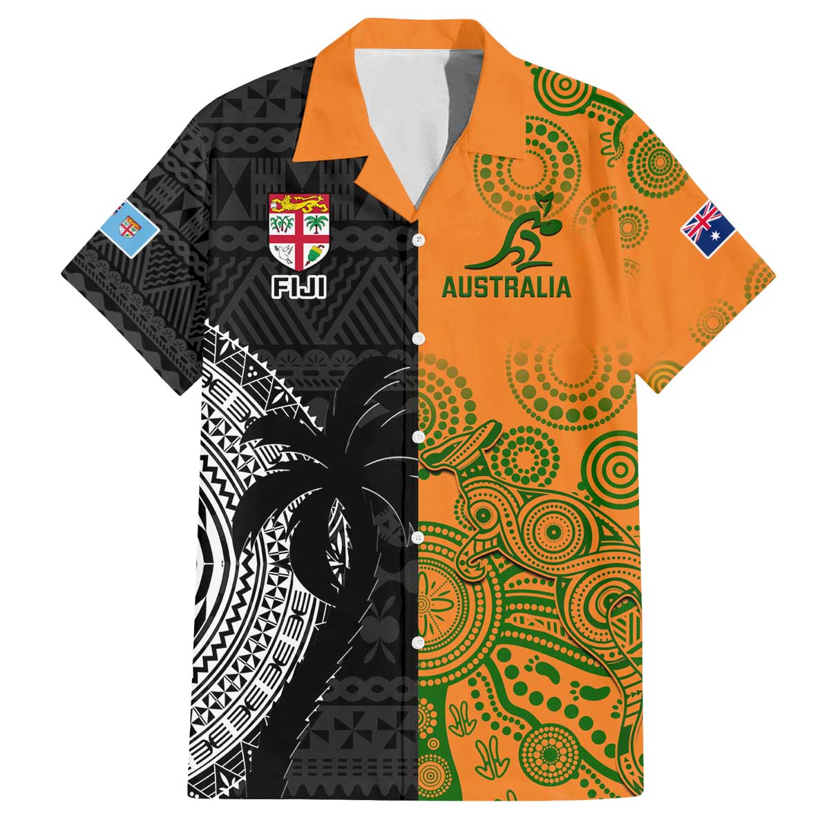 Custom Fiji And Australia Rugby Family Matching Off Shoulder Short Dress and Hawaiian Shirt Fijian Tapa Pattern With Aussie Aboriginal Art LT14 Dad's Shirt - Short Sleeve Black - Polynesian Pride