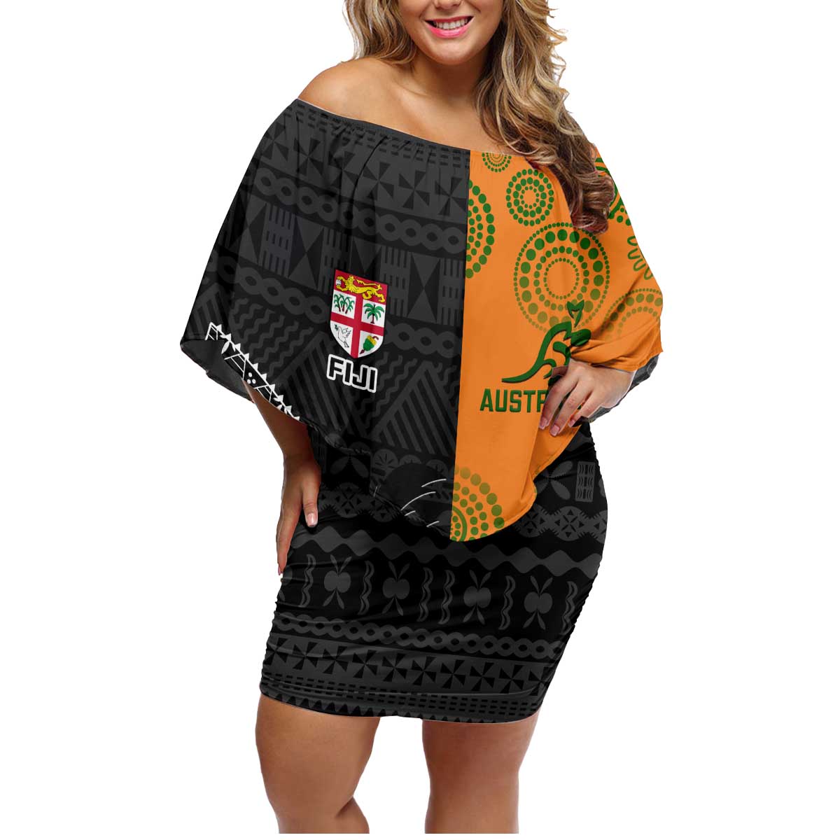 Custom Fiji And Australia Rugby Family Matching Off Shoulder Short Dress and Hawaiian Shirt Fijian Tapa Pattern With Aussie Aboriginal Art LT14 Mom's Dress Black - Polynesian Pride
