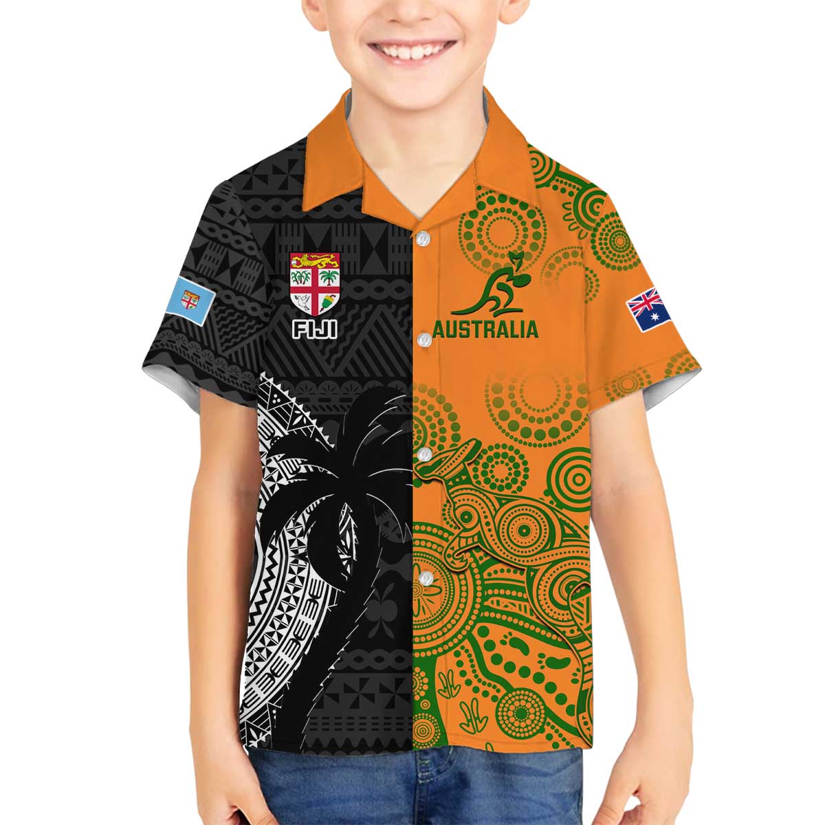 Custom Fiji And Australia Rugby Family Matching Off Shoulder Short Dress and Hawaiian Shirt Fijian Tapa Pattern With Aussie Aboriginal Art LT14 Son's Shirt Black - Polynesian Pride