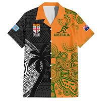 Custom Fiji And Australia Rugby Family Matching Puletasi and Hawaiian Shirt Fijian Tapa Pattern With Aussie Aboriginal Art LT14 Dad's Shirt - Short Sleeve Black - Polynesian Pride