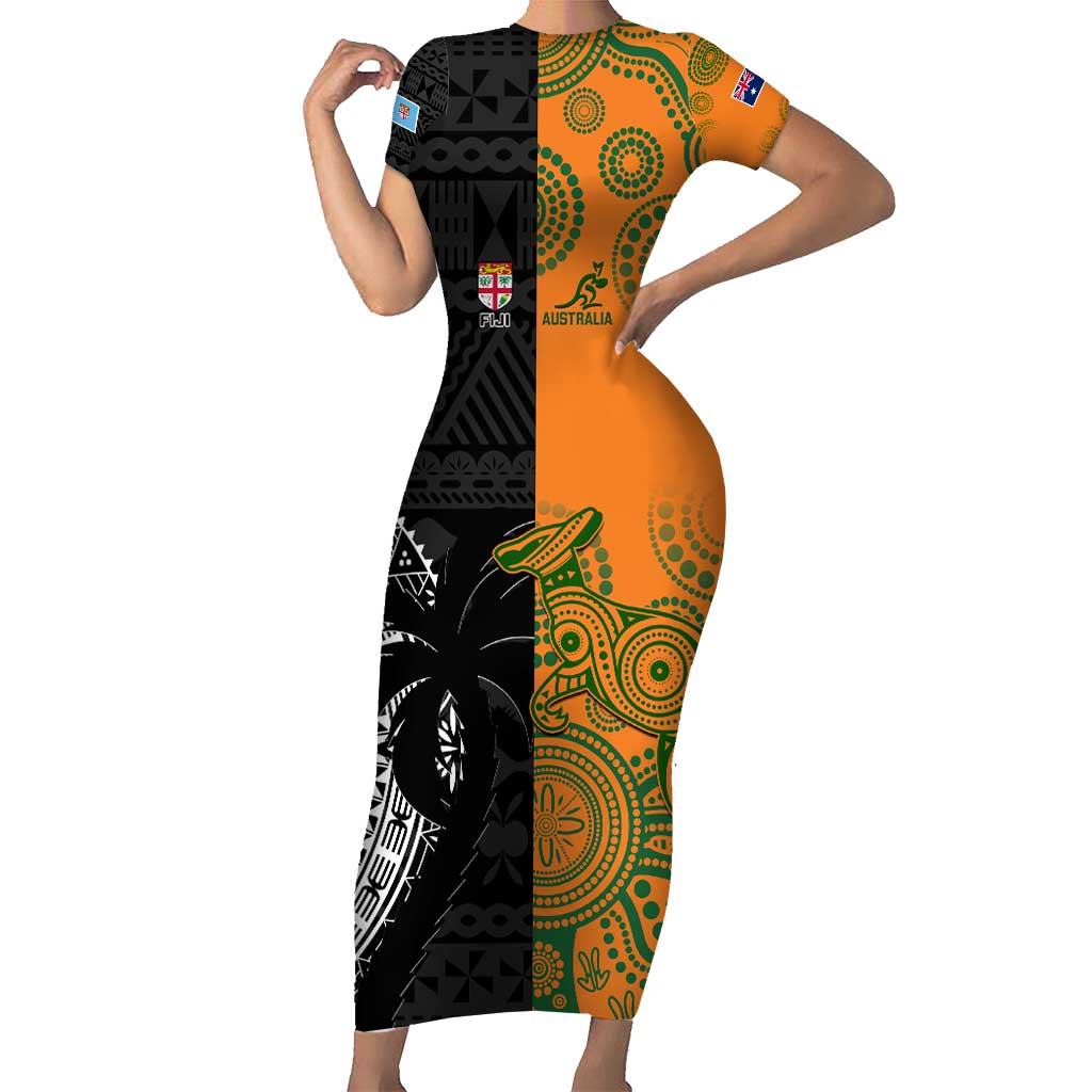 Custom Fiji And Australia Rugby Family Matching Short Sleeve Bodycon Dress and Hawaiian Shirt Fijian Tapa Pattern With Aussie Aboriginal Art LT14 Mom's Dress Black - Polynesian Pride