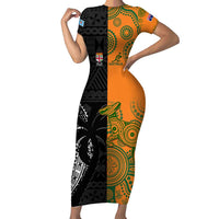 Custom Fiji And Australia Rugby Family Matching Short Sleeve Bodycon Dress and Hawaiian Shirt Fijian Tapa Pattern With Aussie Aboriginal Art LT14 Mom's Dress Black - Polynesian Pride