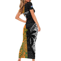 Custom Fiji And Australia Rugby Family Matching Short Sleeve Bodycon Dress and Hawaiian Shirt Fijian Tapa Pattern With Aussie Aboriginal Art LT14 - Polynesian Pride