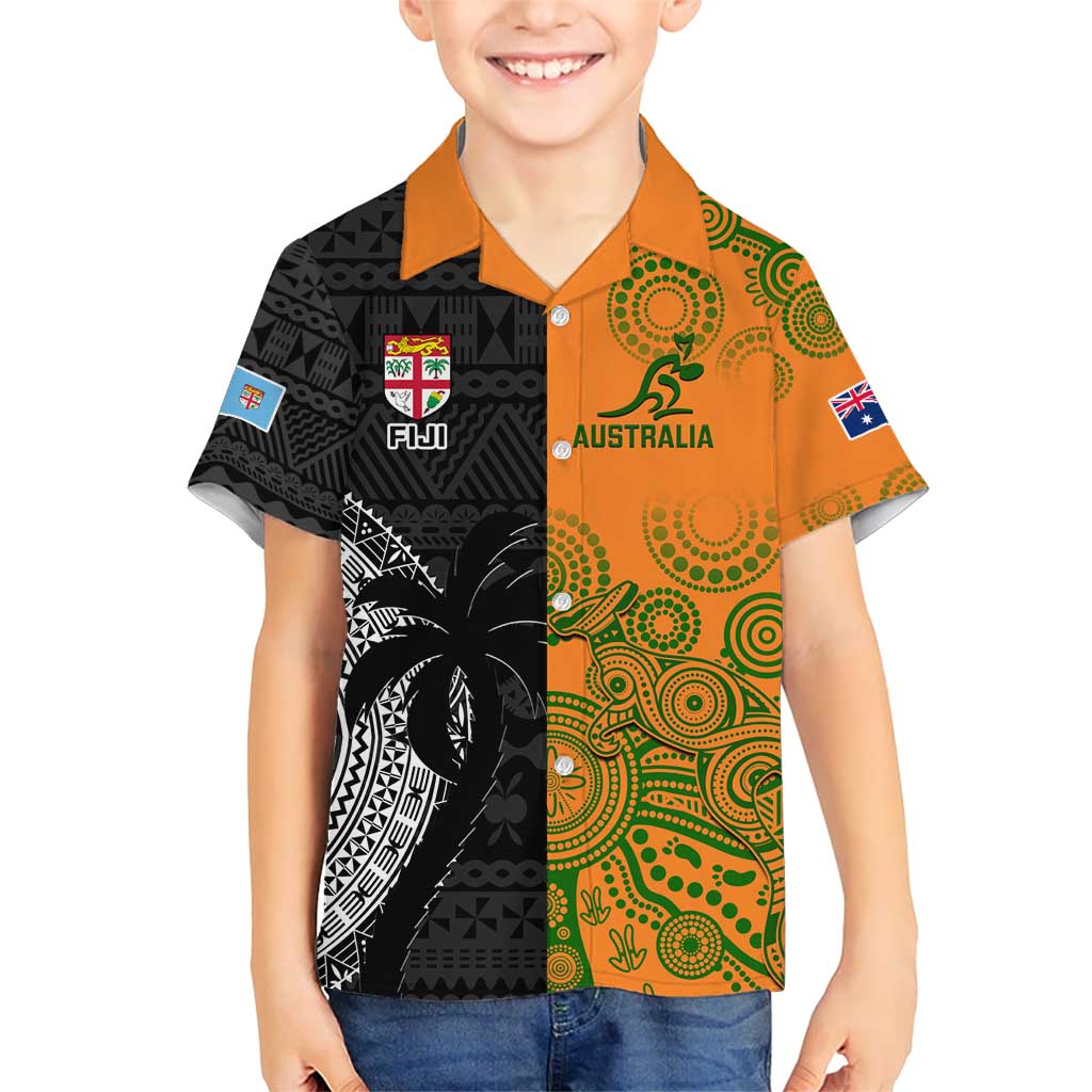 Custom Fiji And Australia Rugby Family Matching Short Sleeve Bodycon Dress and Hawaiian Shirt Fijian Tapa Pattern With Aussie Aboriginal Art LT14 Son's Shirt Black - Polynesian Pride