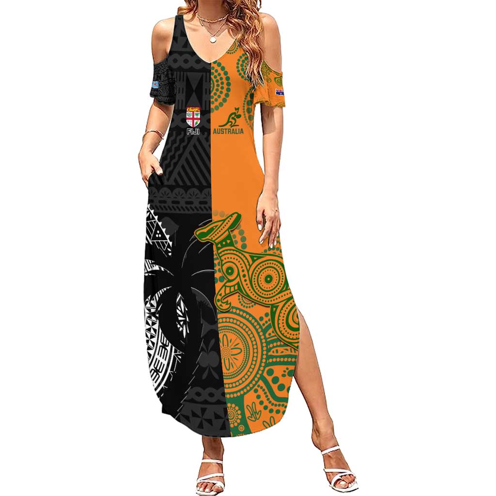 Custom Fiji And Australia Rugby Family Matching Summer Maxi Dress and Hawaiian Shirt Fijian Tapa Pattern With Aussie Aboriginal Art LT14 Mom's Dress Black - Polynesian Pride