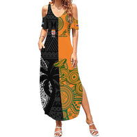 Custom Fiji And Australia Rugby Family Matching Summer Maxi Dress and Hawaiian Shirt Fijian Tapa Pattern With Aussie Aboriginal Art LT14 Mom's Dress Black - Polynesian Pride