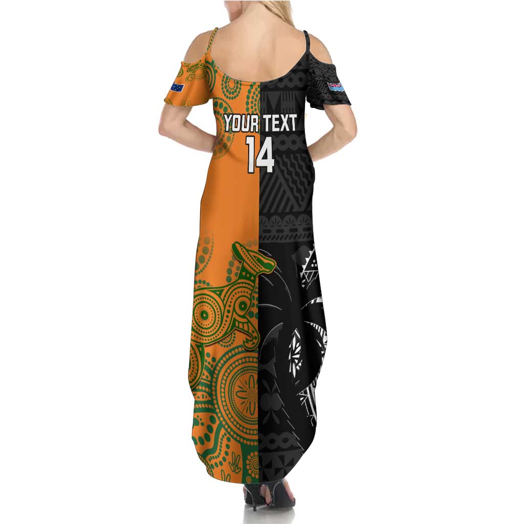 Custom Fiji And Australia Rugby Family Matching Summer Maxi Dress and Hawaiian Shirt Fijian Tapa Pattern With Aussie Aboriginal Art LT14 - Polynesian Pride