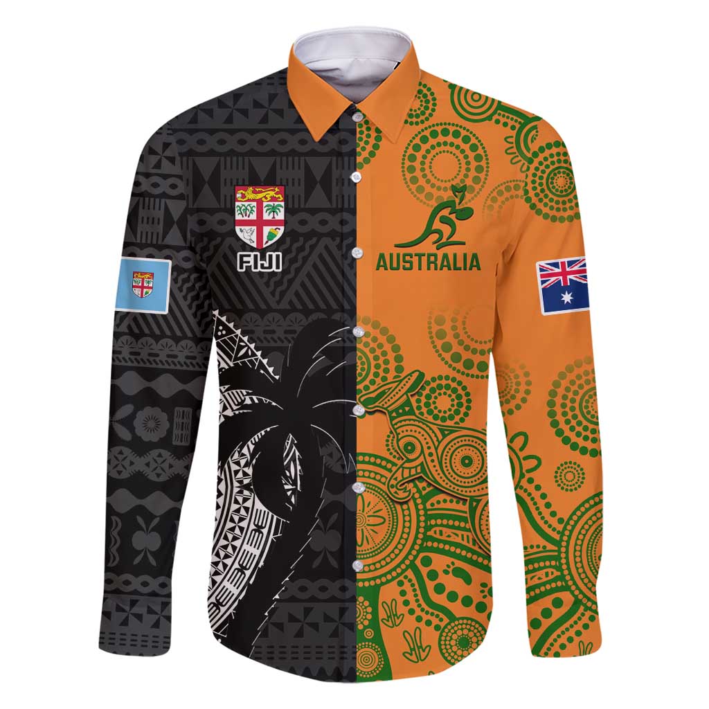 Custom Fiji And Australia Rugby Family Matching Tank Maxi Dress and Hawaiian Shirt Fijian Tapa Pattern With Aussie Aboriginal Art LT14 Dad's Shirt - Long Sleeve Black - Polynesian Pride