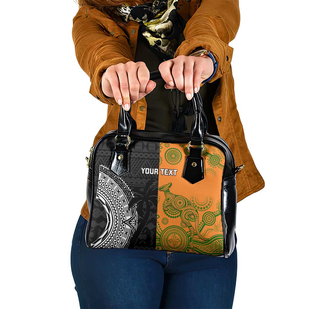 Custom Fiji And Australia Rugby Shoulder Handbag Fijian Tapa Pattern With Aussie Aboriginal Art LT14 One Size Black - Polynesian Pride