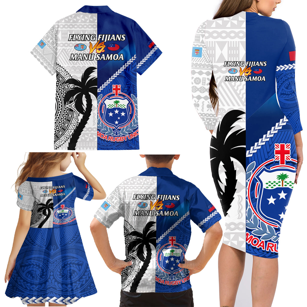 Fiji And Samoa Rugby Family Matching Long Sleeve Bodycon Dress and Hawaiian Shirt 2023 World Cup Samoan Mix Tapa Pattern LT14 - Polynesian Pride