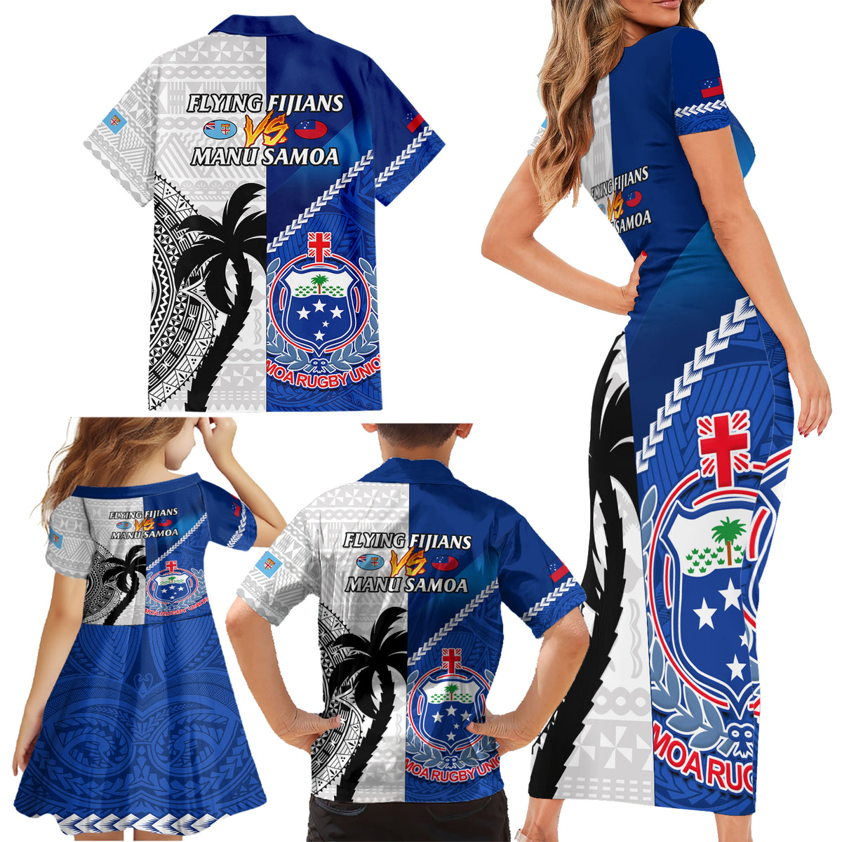 Fiji And Samoa Rugby Family Matching Short Sleeve Bodycon Dress and Hawaiian Shirt 2023 World Cup Samoan Mix Tapa Pattern LT14 - Polynesian Pride