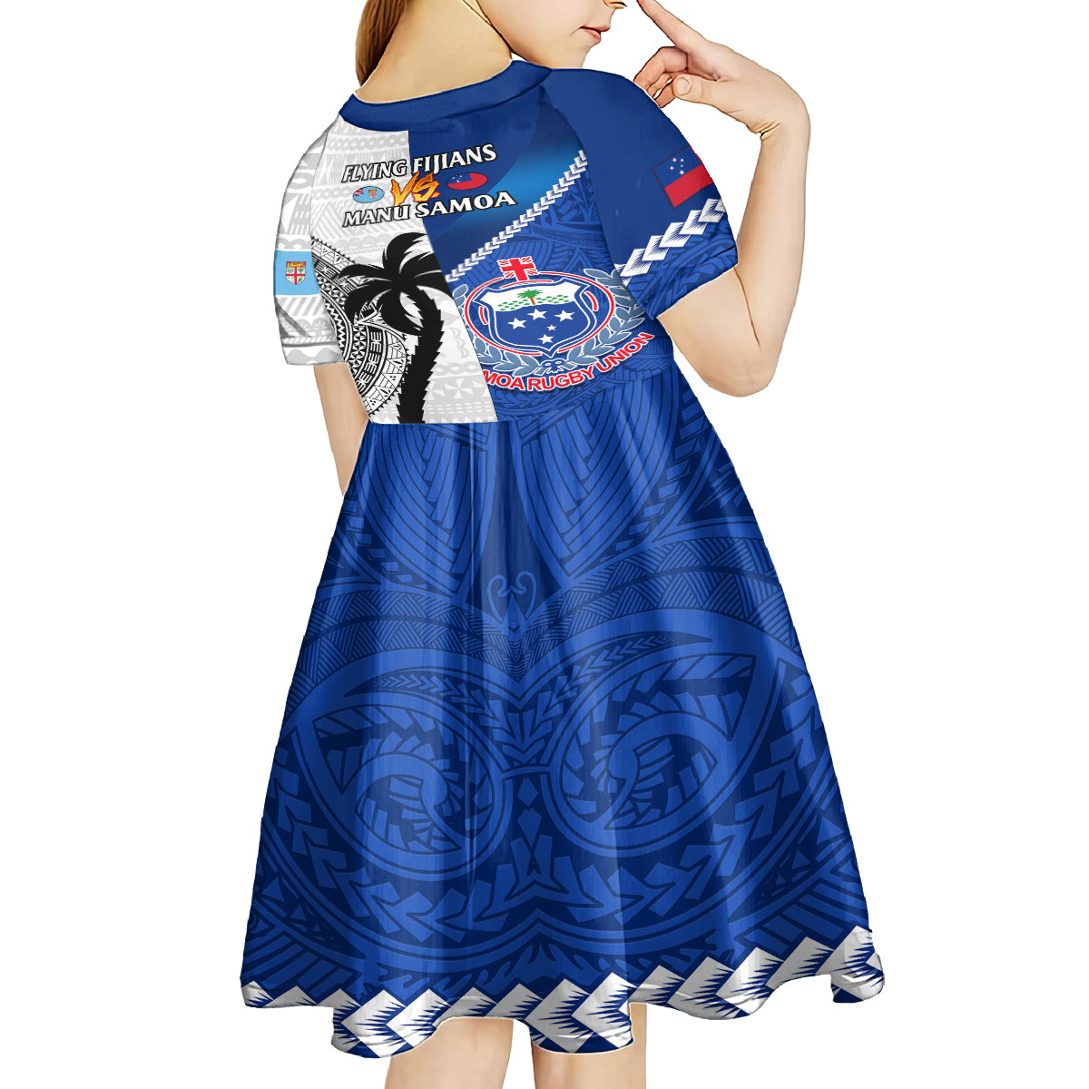 fiji-and-samoa-rugby-kid-short-sleeve-dress-2023-world-cup-samoan-mix-tapa-pattern