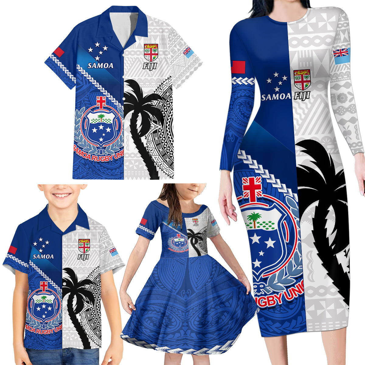 Custom Fiji And Samoa Rugby Family Matching Long Sleeve Bodycon Dress and Hawaiian Shirt 2023 World Cup Samoan Mix Tapa Pattern LT14 - Polynesian Pride