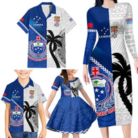 Custom Fiji And Samoa Rugby Family Matching Long Sleeve Bodycon Dress and Hawaiian Shirt 2023 World Cup Samoan Mix Tapa Pattern LT14 - Polynesian Pride