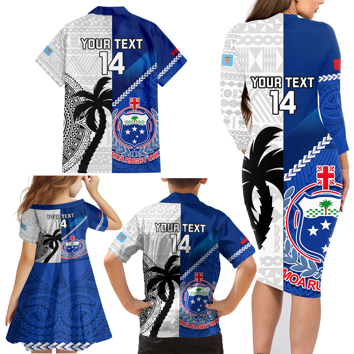 Custom Fiji And Samoa Rugby Family Matching Long Sleeve Bodycon Dress and Hawaiian Shirt 2023 World Cup Samoan Mix Tapa Pattern LT14 - Polynesian Pride