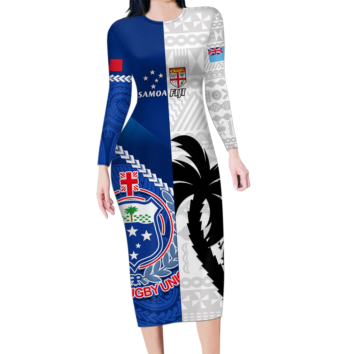 Custom Fiji And Samoa Rugby Family Matching Long Sleeve Bodycon Dress and Hawaiian Shirt 2023 World Cup Samoan Mix Tapa Pattern LT14 Mom's Dress Blue - Polynesian Pride