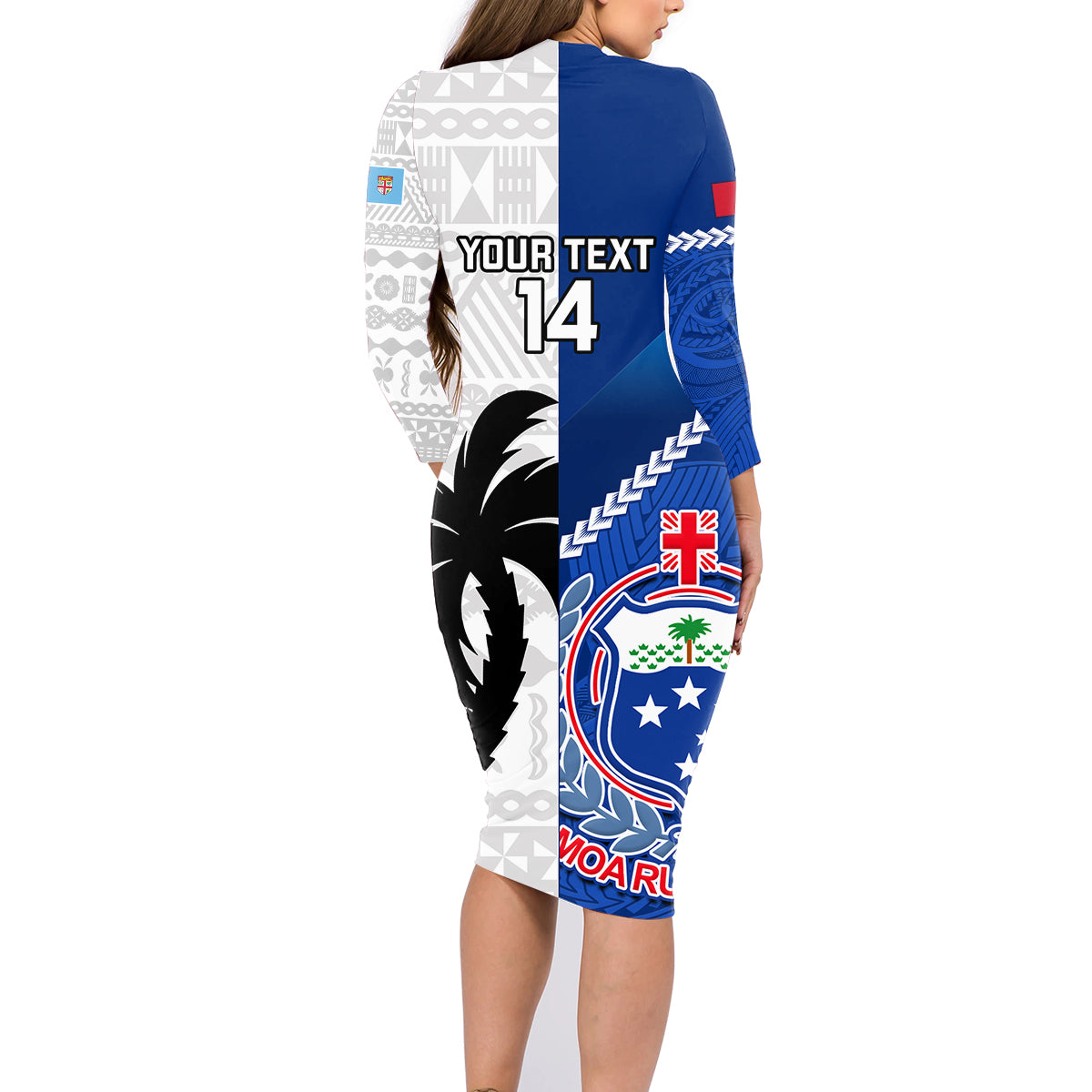 Custom Fiji And Samoa Rugby Family Matching Long Sleeve Bodycon Dress and Hawaiian Shirt 2023 World Cup Samoan Mix Tapa Pattern LT14 - Polynesian Pride