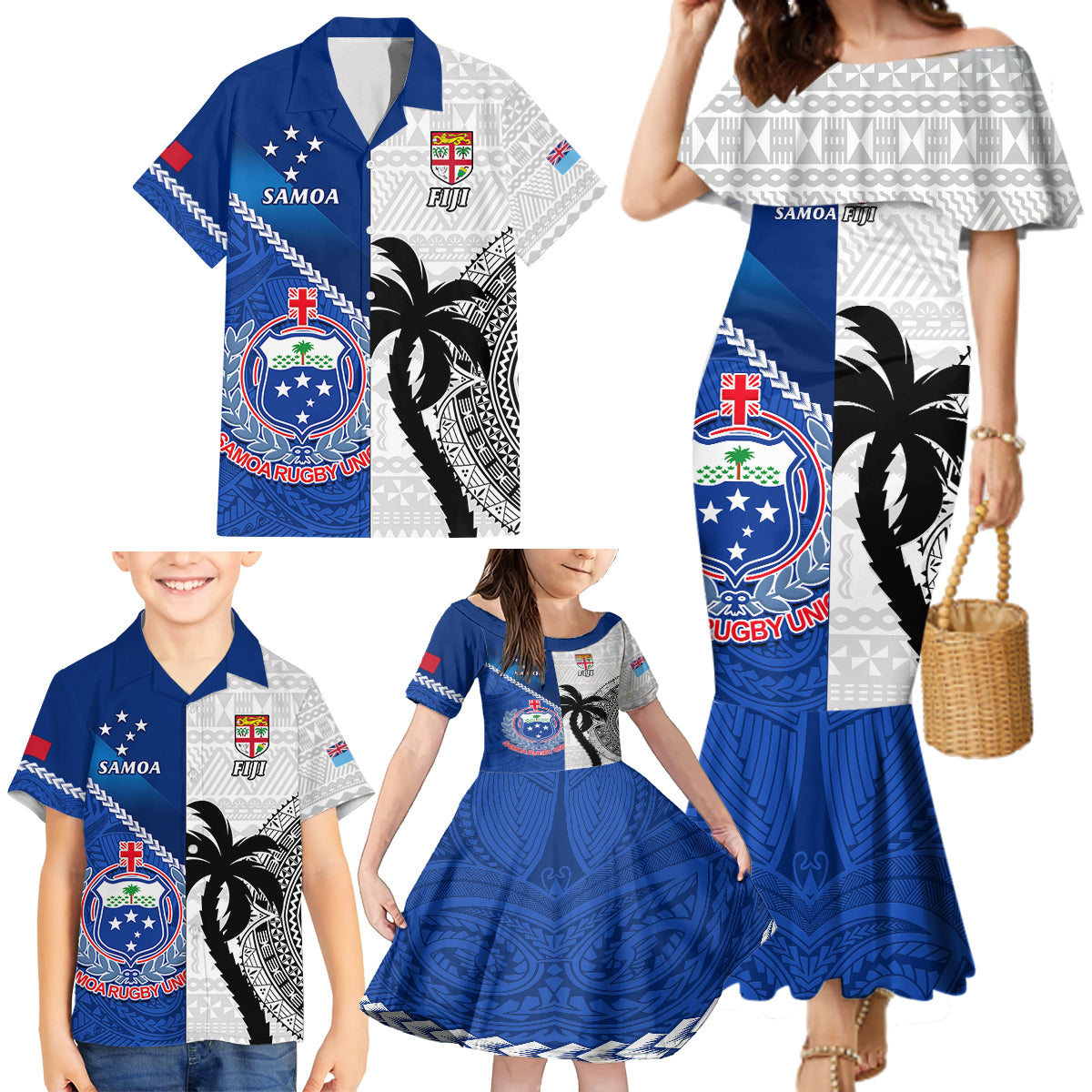Custom Fiji And Samoa Rugby Family Matching Mermaid Dress and Hawaiian Shirt 2023 World Cup Samoan Mix Tapa Pattern LT14 - Polynesian Pride
