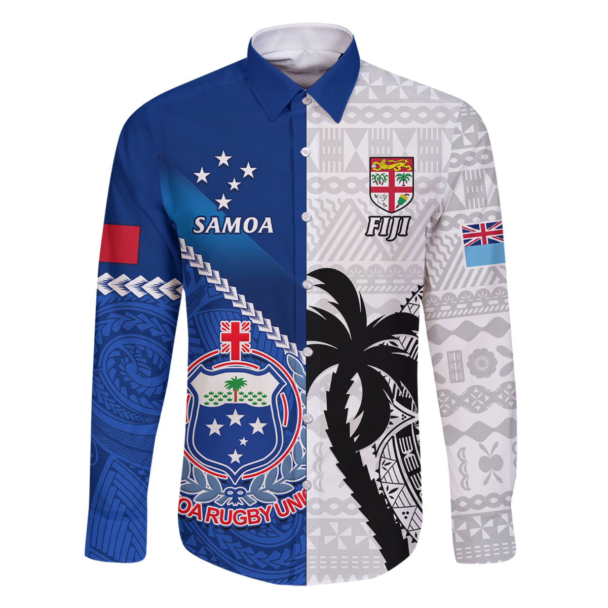 Custom Fiji And Samoa Rugby Family Matching Mermaid Dress and Hawaiian Shirt 2023 World Cup Samoan Mix Tapa Pattern LT14 Dad's Shirt - Long Sleeve Blue - Polynesian Pride