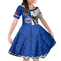Custom Fiji And Samoa Rugby Family Matching Off Shoulder Long Sleeve Dress and Hawaiian Shirt 2023 World Cup Samoan Mix Tapa Pattern LT14 Daughter's Dress Blue - Polynesian Pride