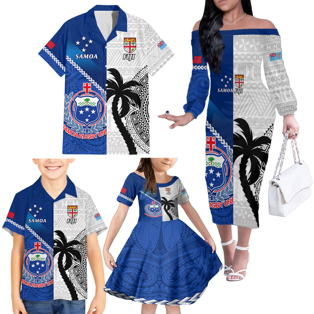 Custom Fiji And Samoa Rugby Family Matching Off Shoulder Long Sleeve Dress and Hawaiian Shirt 2023 World Cup Samoan Mix Tapa Pattern LT14 - Polynesian Pride