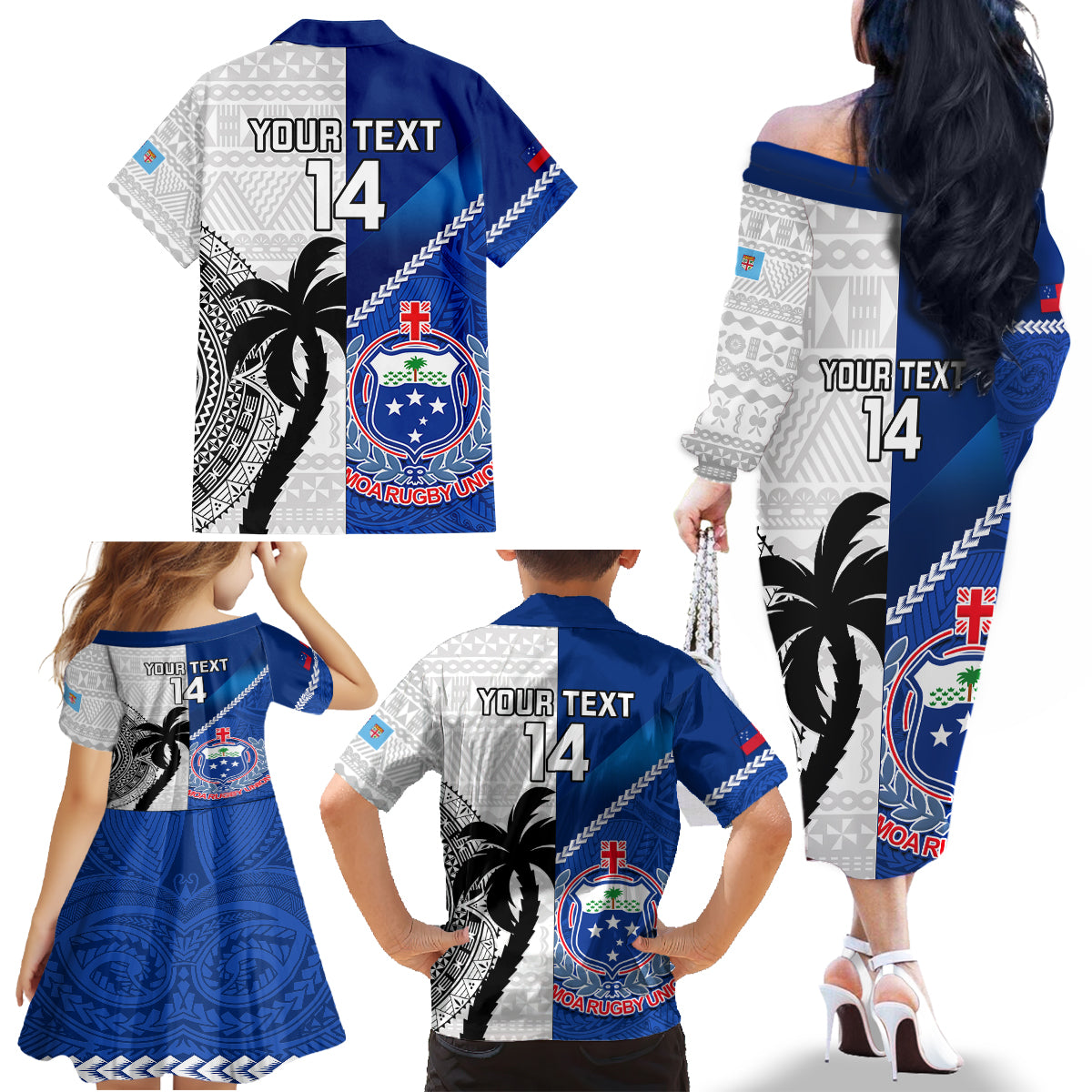 Custom Fiji And Samoa Rugby Family Matching Off Shoulder Long Sleeve Dress and Hawaiian Shirt 2023 World Cup Samoan Mix Tapa Pattern LT14 - Polynesian Pride