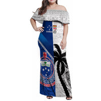 Custom Fiji And Samoa Rugby Family Matching Off Shoulder Maxi Dress and Hawaiian Shirt 2023 World Cup Samoan Mix Tapa Pattern LT14 Mom's Dress Blue - Polynesian Pride