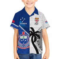 Custom Fiji And Samoa Rugby Family Matching Off Shoulder Maxi Dress and Hawaiian Shirt 2023 World Cup Samoan Mix Tapa Pattern LT14 Son's Shirt Blue - Polynesian Pride