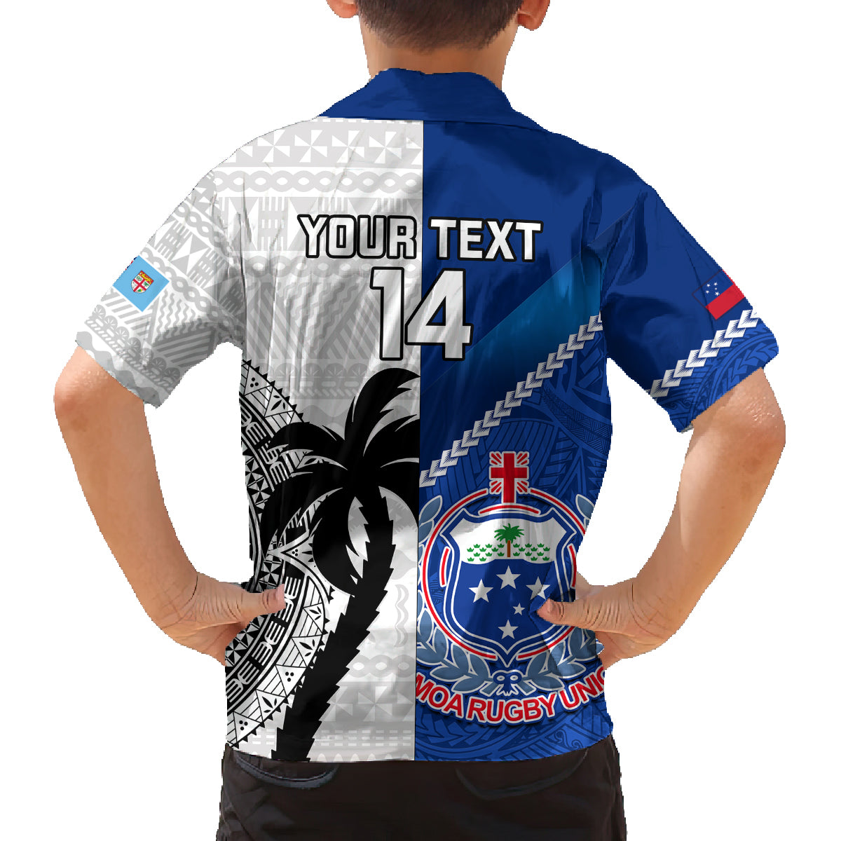 Custom Fiji And Samoa Rugby Family Matching Off Shoulder Short Dress and Hawaiian Shirt 2023 World Cup Samoan Mix Tapa Pattern LT14 - Polynesian Pride