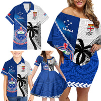 Custom Fiji And Samoa Rugby Family Matching Off Shoulder Short Dress and Hawaiian Shirt 2023 World Cup Samoan Mix Tapa Pattern LT14 - Polynesian Pride