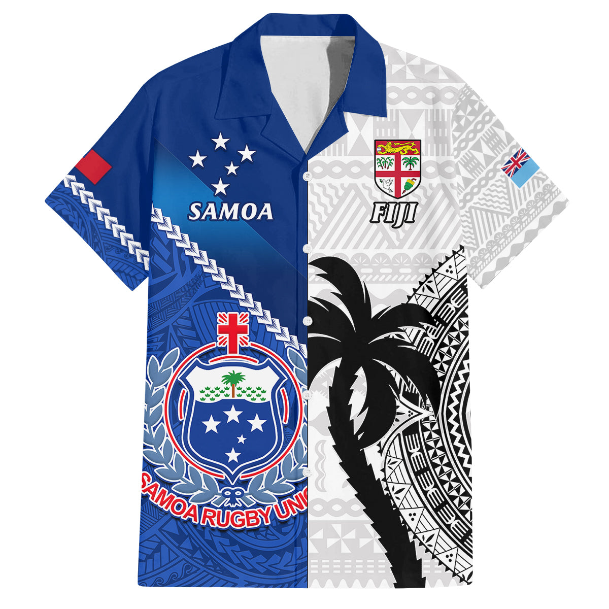 Custom Fiji And Samoa Rugby Family Matching Off Shoulder Short Dress and Hawaiian Shirt 2023 World Cup Samoan Mix Tapa Pattern LT14 Dad's Shirt - Short Sleeve Blue - Polynesian Pride