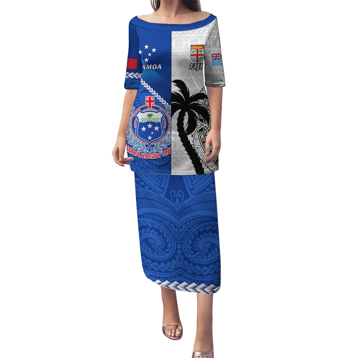 Custom Fiji And Samoa Rugby Family Matching Puletasi Dress and Hawaiian Shirt 2023 World Cup Samoan Mix Tapa Pattern LT14 Mom's Dress Blue - Polynesian Pride