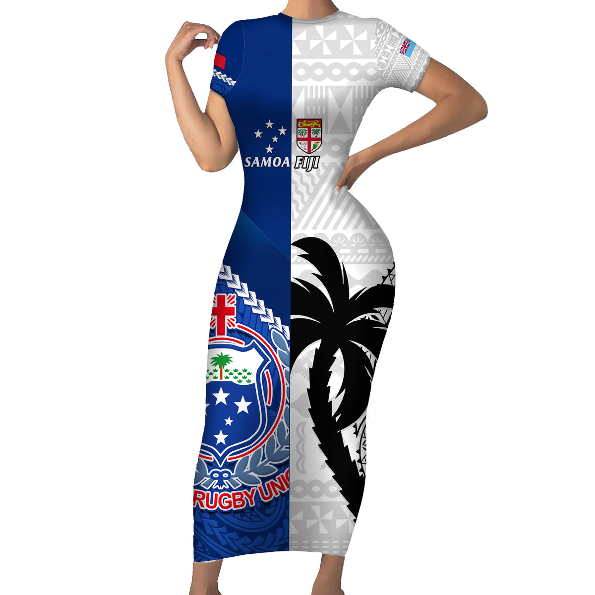 Custom Fiji And Samoa Rugby Family Matching Short Sleeve Bodycon Dress and Hawaiian Shirt 2023 World Cup Samoan Mix Tapa Pattern LT14 Mom's Dress Blue - Polynesian Pride