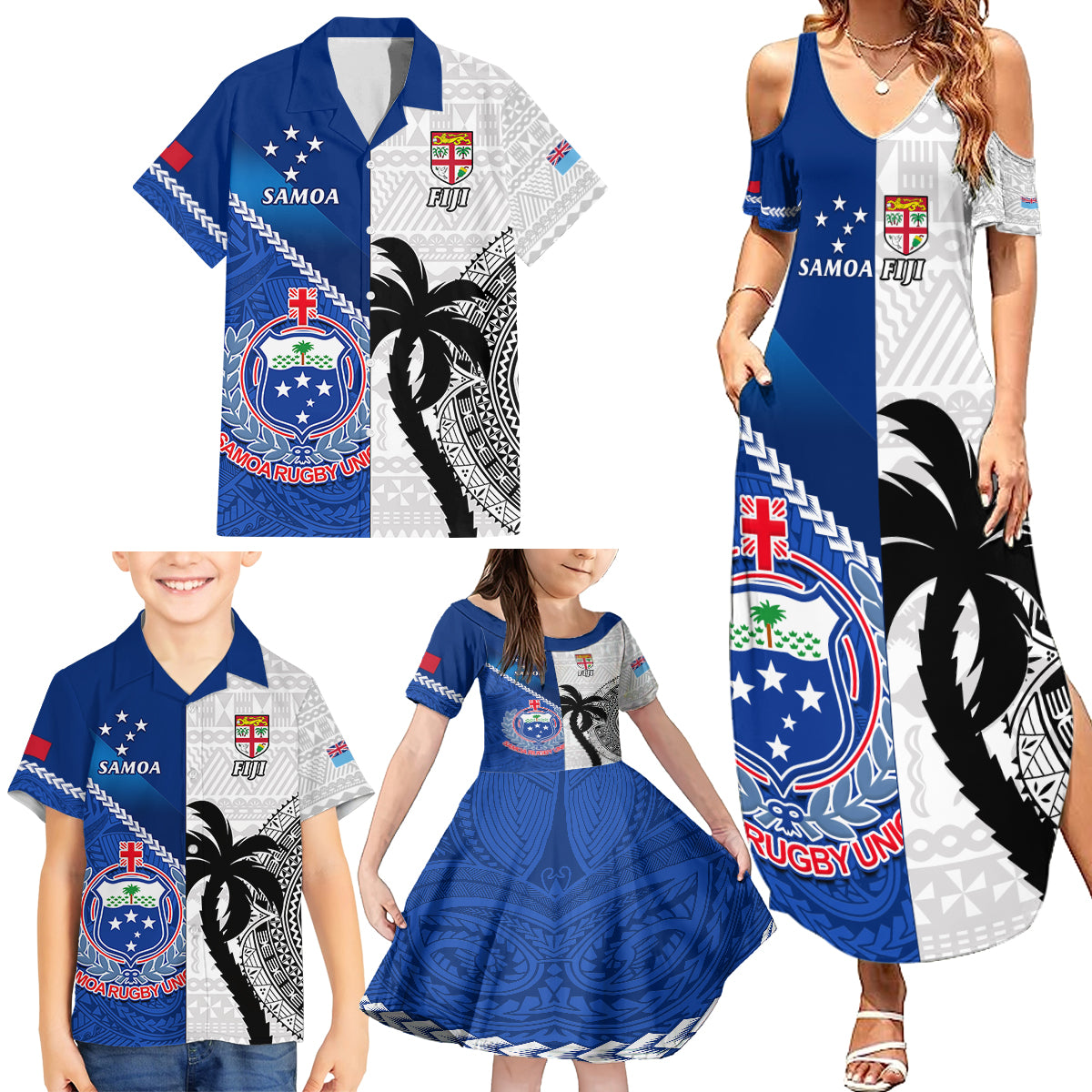 Custom Fiji And Samoa Rugby Family Matching Summer Maxi Dress and Hawaiian Shirt 2023 World Cup Samoan Mix Tapa Pattern LT14 - Polynesian Pride