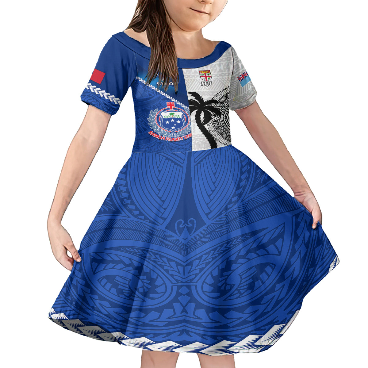 Custom Fiji And Samoa Rugby Family Matching Tank Maxi Dress and Hawaiian Shirt 2023 World Cup Samoan Mix Tapa Pattern LT14 Daughter's Dress Blue - Polynesian Pride