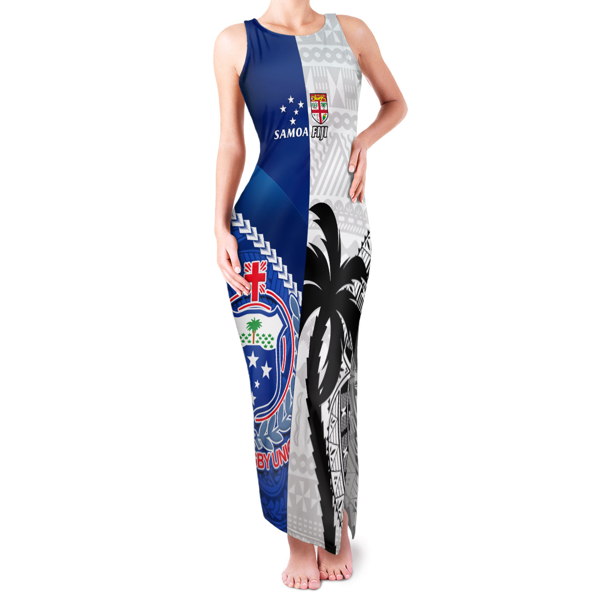 Custom Fiji And Samoa Rugby Family Matching Tank Maxi Dress and Hawaiian Shirt 2023 World Cup Samoan Mix Tapa Pattern LT14 Mom's Dress Blue - Polynesian Pride