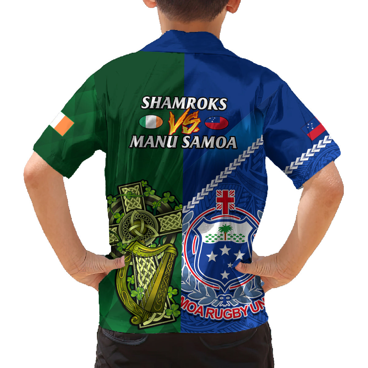 Samoa And Ireland Rugby Family Matching Long Sleeve Bodycon Dress and Hawaiian Shirt 2023 World Cup Manu Samoa With Shamrocks LT14 - Polynesian Pride