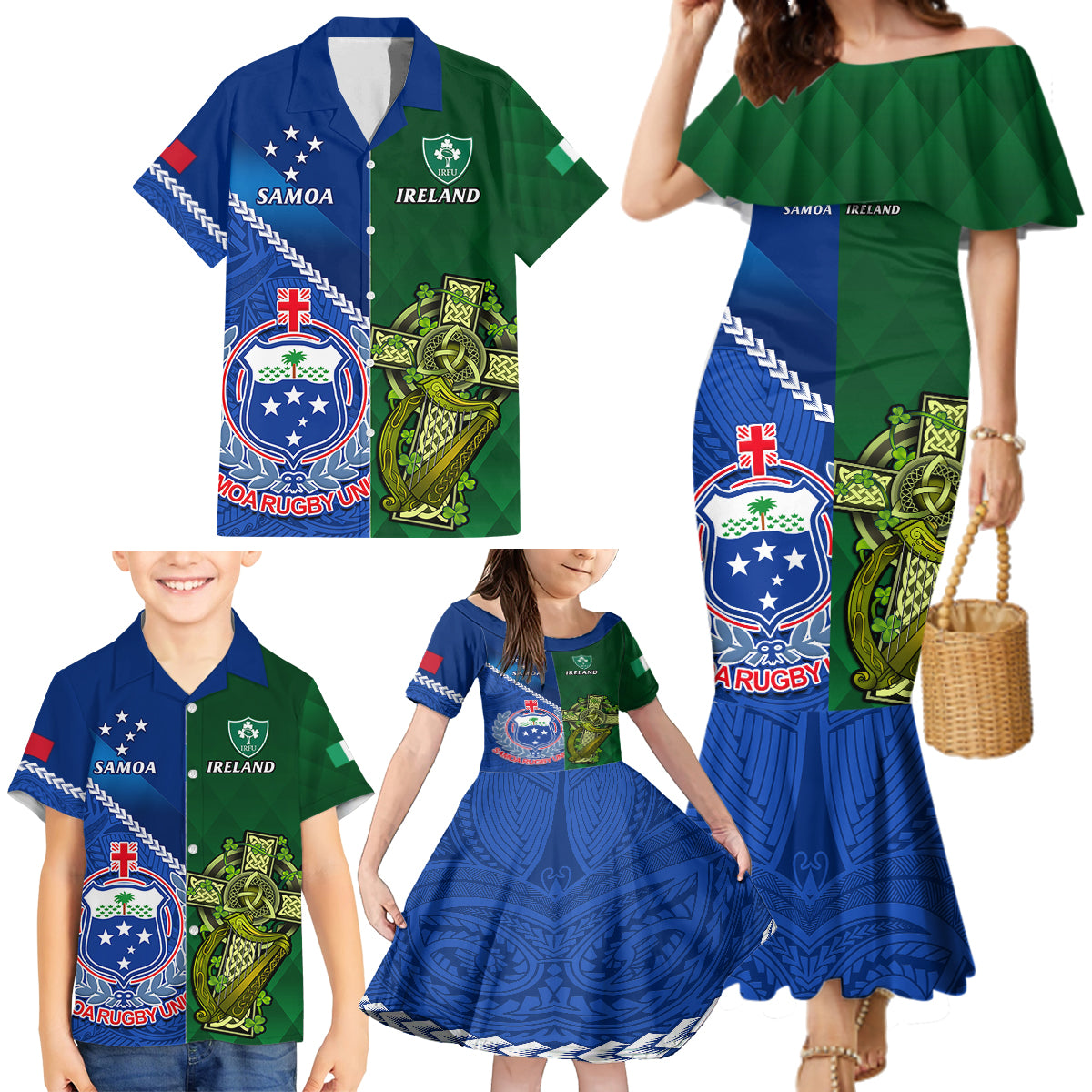 Samoa And Ireland Rugby Family Matching Mermaid Dress and Hawaiian Shirt 2023 World Cup Manu Samoa With Shamrocks LT14 - Polynesian Pride