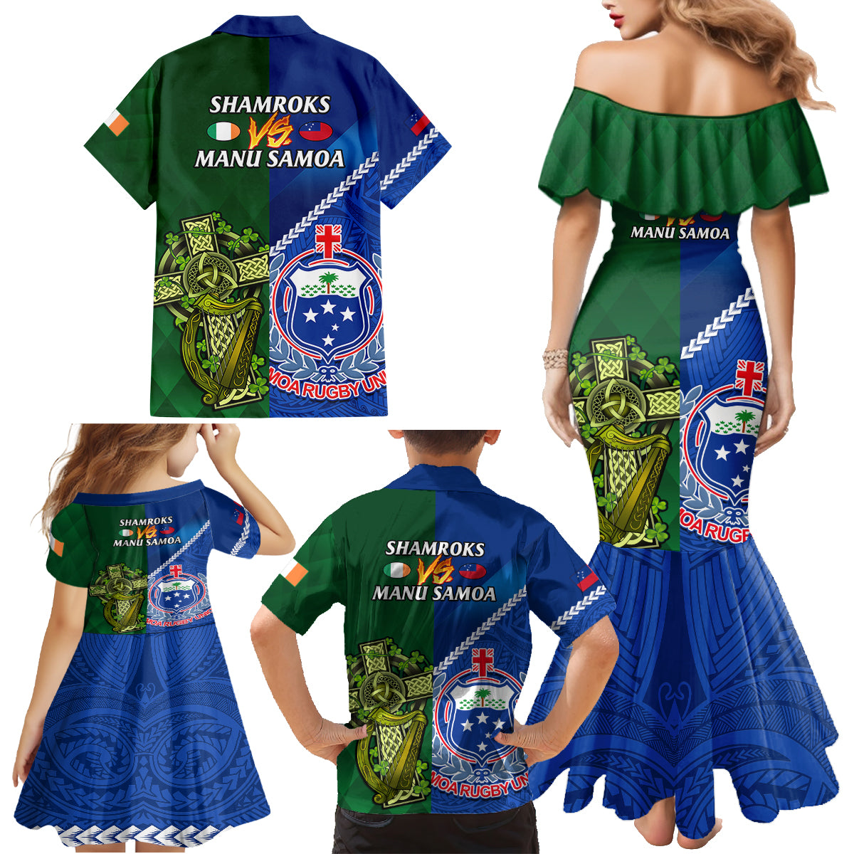 Samoa And Ireland Rugby Family Matching Mermaid Dress and Hawaiian Shirt 2023 World Cup Manu Samoa With Shamrocks LT14 - Polynesian Pride