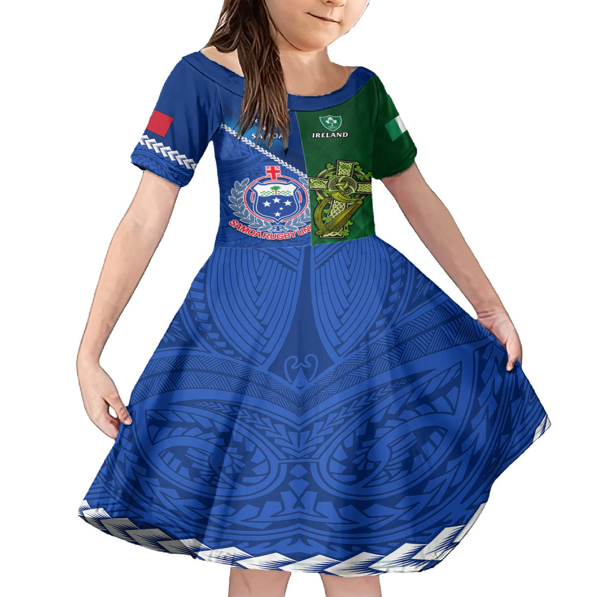 Samoa And Ireland Rugby Family Matching Off Shoulder Long Sleeve Dress and Hawaiian Shirt 2023 World Cup Manu Samoa With Shamrocks LT14 Daughter's Dress Blue - Polynesian Pride