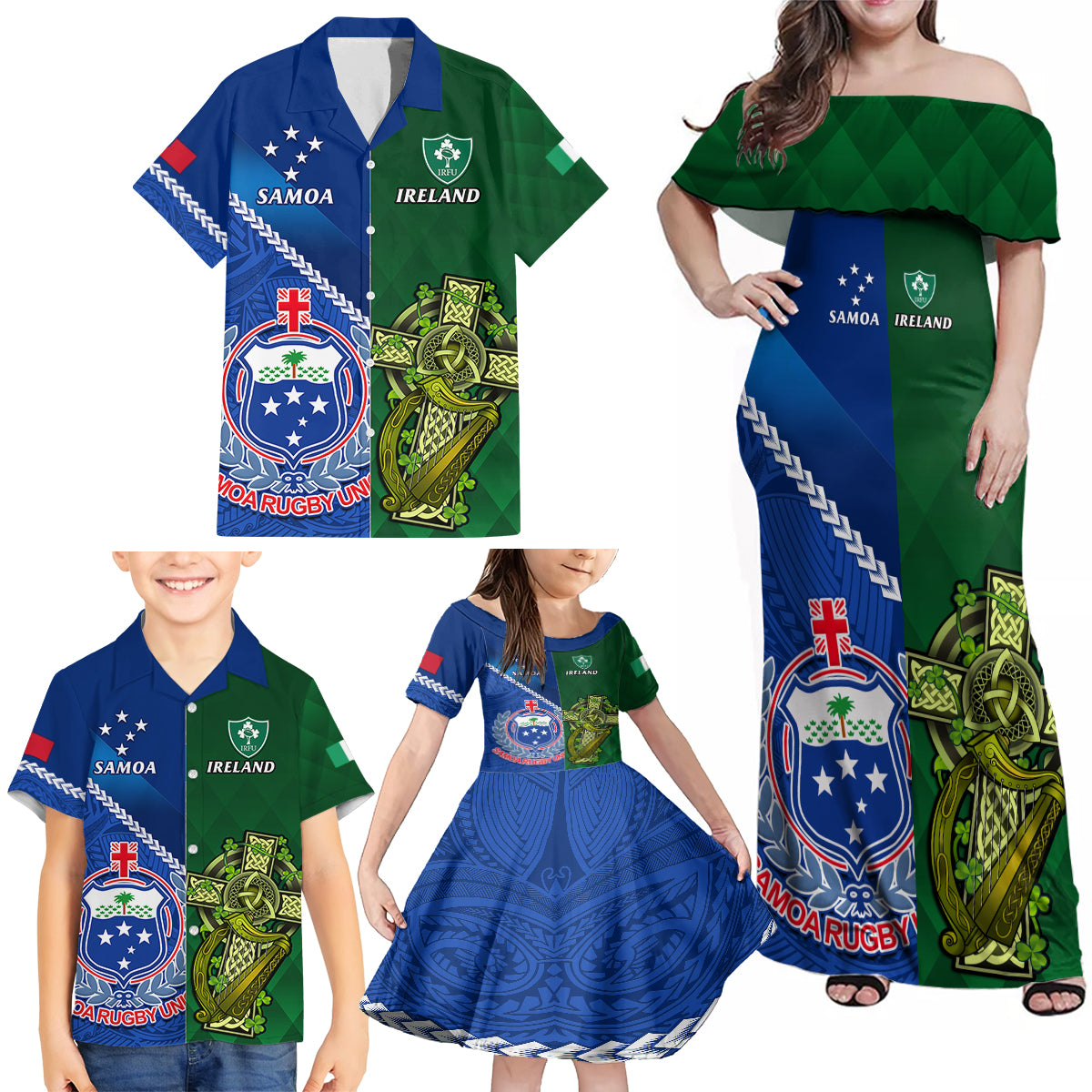 Samoa And Ireland Rugby Family Matching Off Shoulder Maxi Dress and Hawaiian Shirt 2023 World Cup Manu Samoa With Shamrocks LT14 - Polynesian Pride
