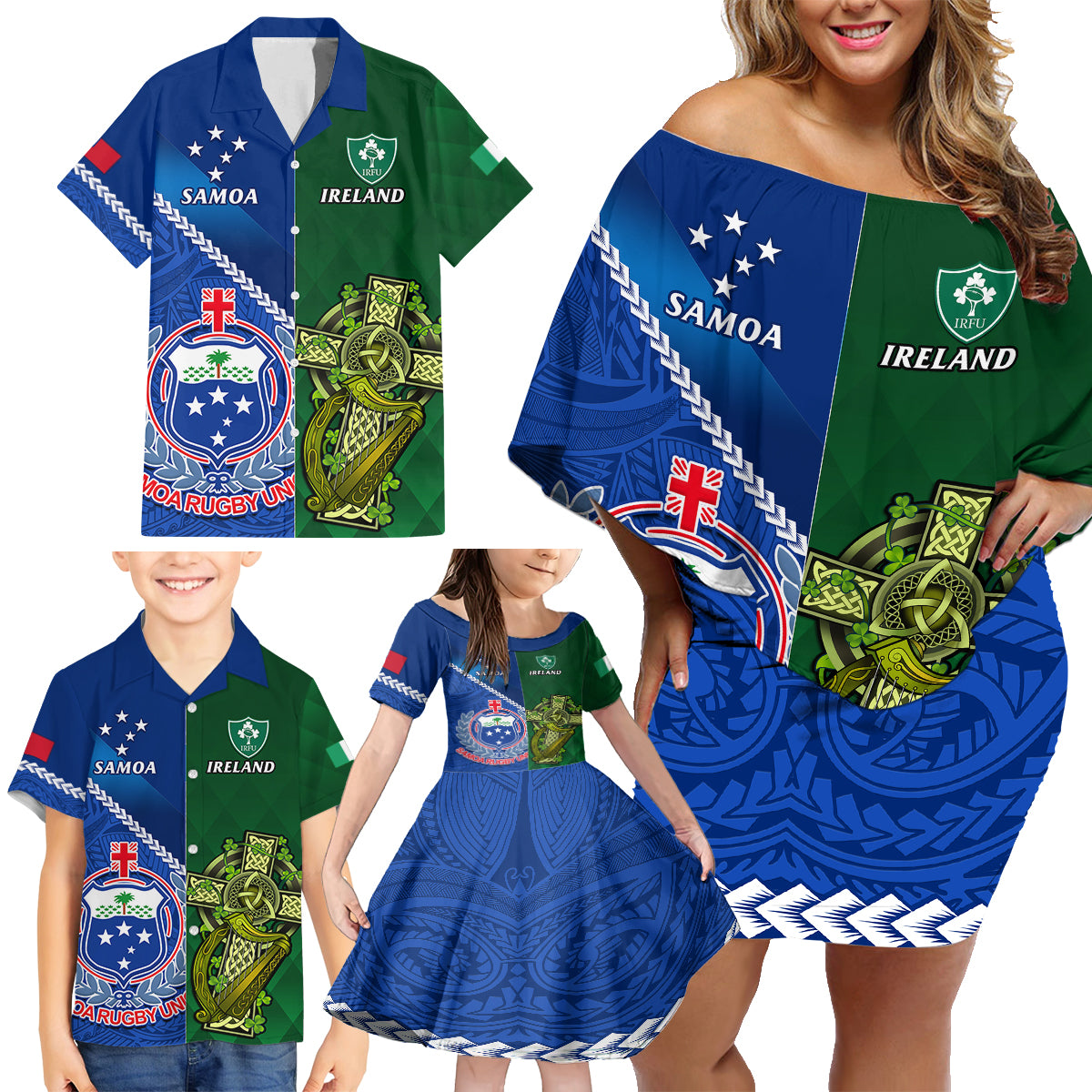 Samoa And Ireland Rugby Family Matching Off Shoulder Short Dress and Hawaiian Shirt 2023 World Cup Manu Samoa With Shamrocks LT14 - Polynesian Pride