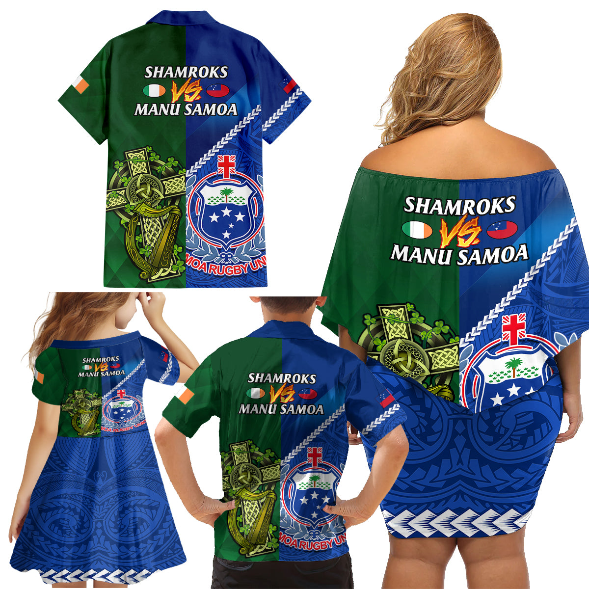 Samoa And Ireland Rugby Family Matching Off Shoulder Short Dress and Hawaiian Shirt 2023 World Cup Manu Samoa With Shamrocks LT14 - Polynesian Pride