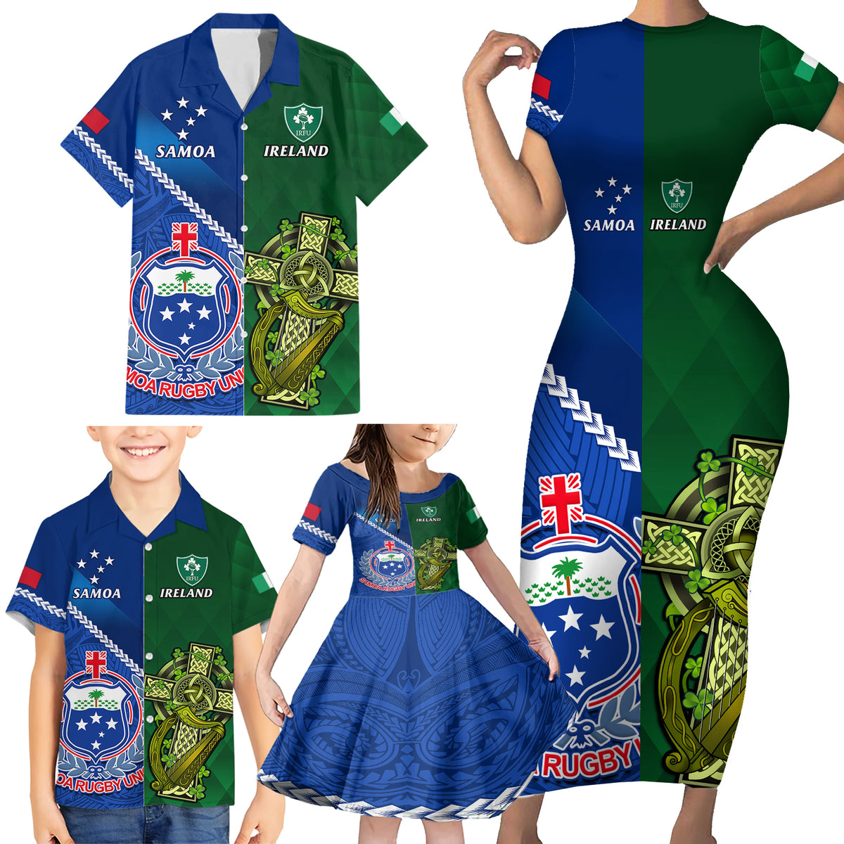 Samoa And Ireland Rugby Family Matching Short Sleeve Bodycon Dress and Hawaiian Shirt 2023 World Cup Manu Samoa With Shamrocks LT14 - Polynesian Pride