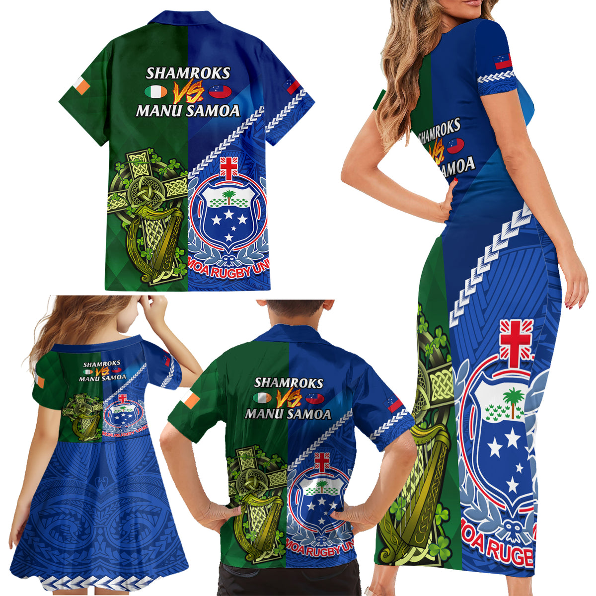 Samoa And Ireland Rugby Family Matching Short Sleeve Bodycon Dress and Hawaiian Shirt 2023 World Cup Manu Samoa With Shamrocks LT14 - Polynesian Pride
