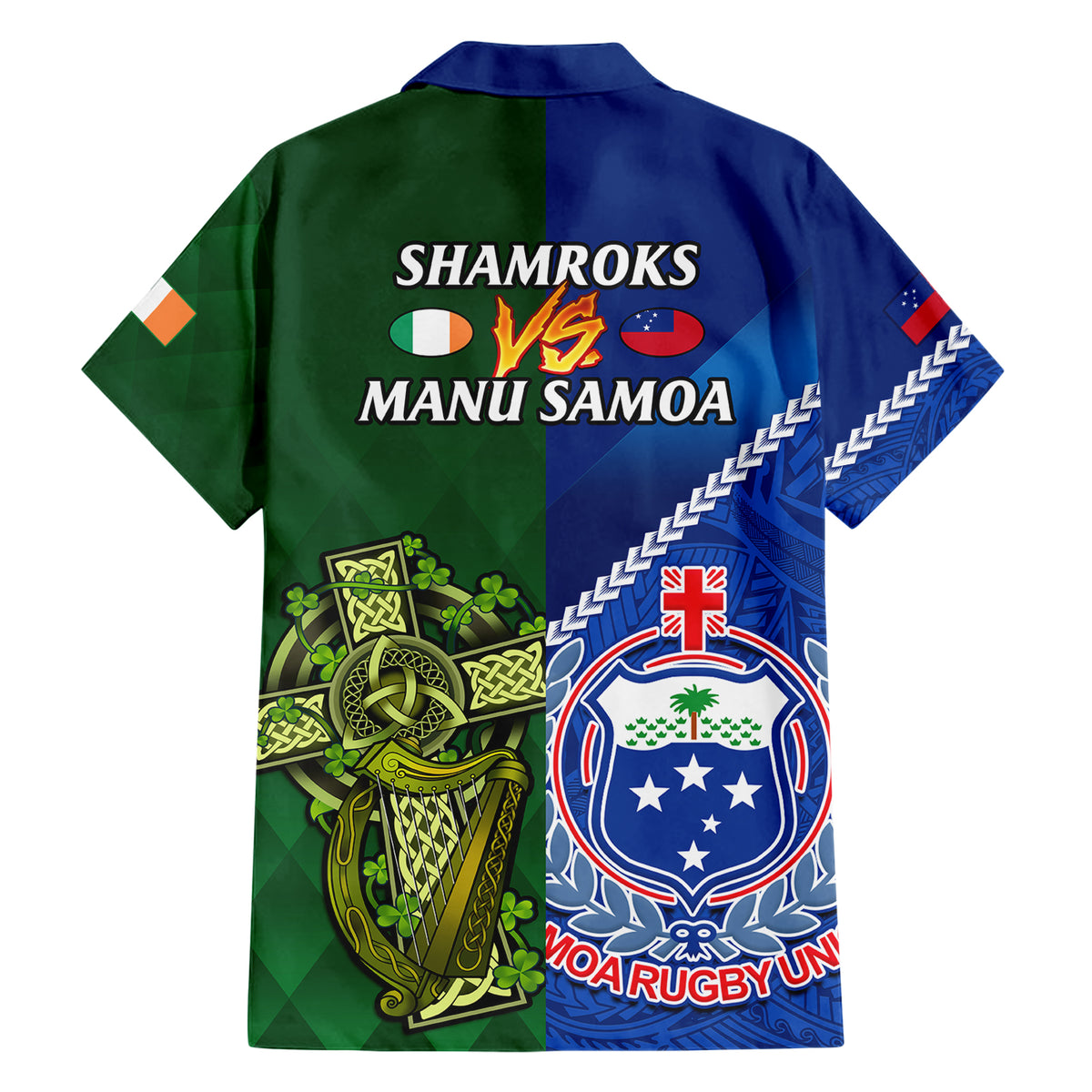 Samoa And Ireland Rugby Family Matching Short Sleeve Bodycon Dress and Hawaiian Shirt 2023 World Cup Manu Samoa With Shamrocks LT14 - Polynesian Pride