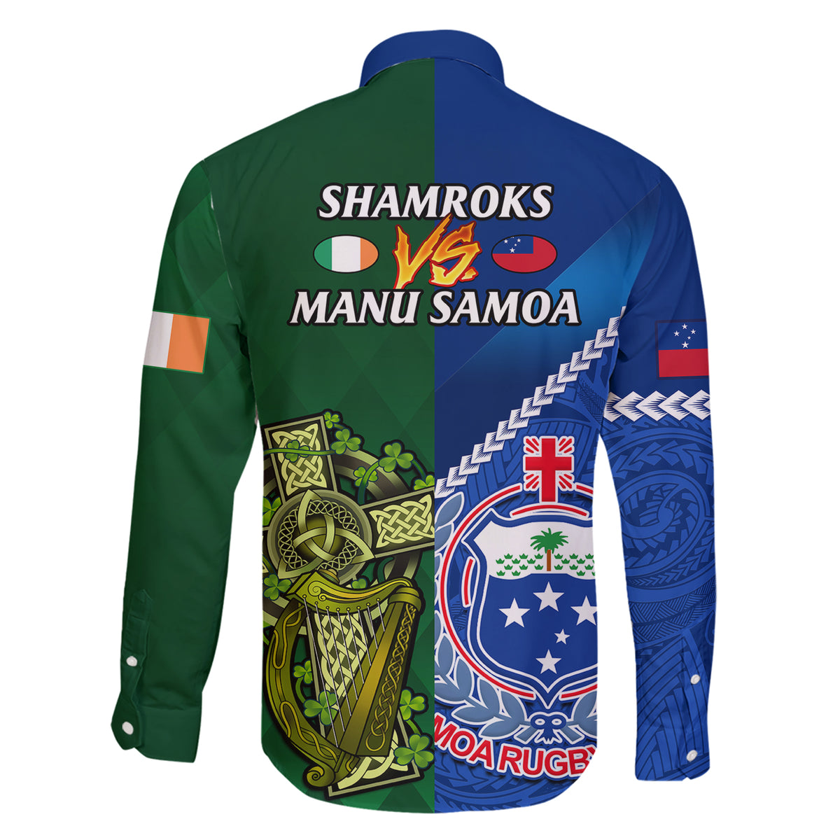 Samoa And Ireland Rugby Family Matching Short Sleeve Bodycon Dress and Hawaiian Shirt 2023 World Cup Manu Samoa With Shamrocks LT14 - Polynesian Pride